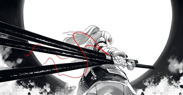 drawing, Digital Art, Samurai, Sword, Katana, Dark, Anime, Selective Coloring HD Wallpaper Desktop Background