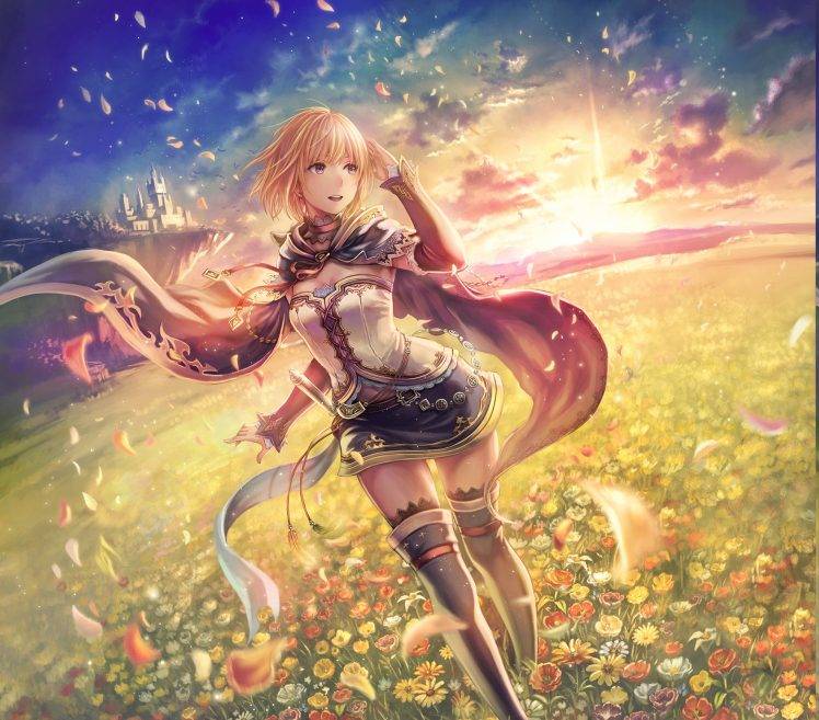 flowers, Anime Girls, Leaves, Sunset, Castle, Thigh highs, Original Characters HD Wallpaper Desktop Background