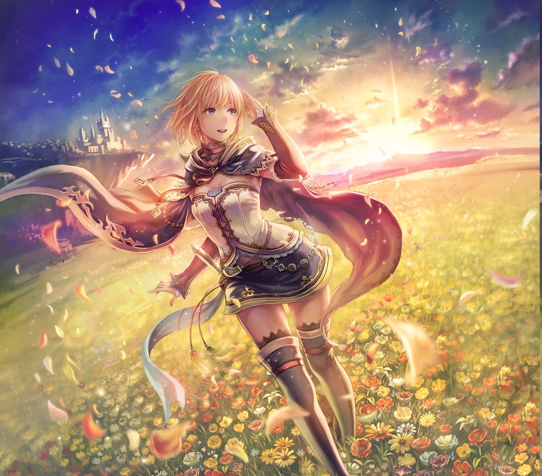 flowers, Anime Girls, Leaves, Sunset, Castle, Thigh highs, Original Characters Wallpaper