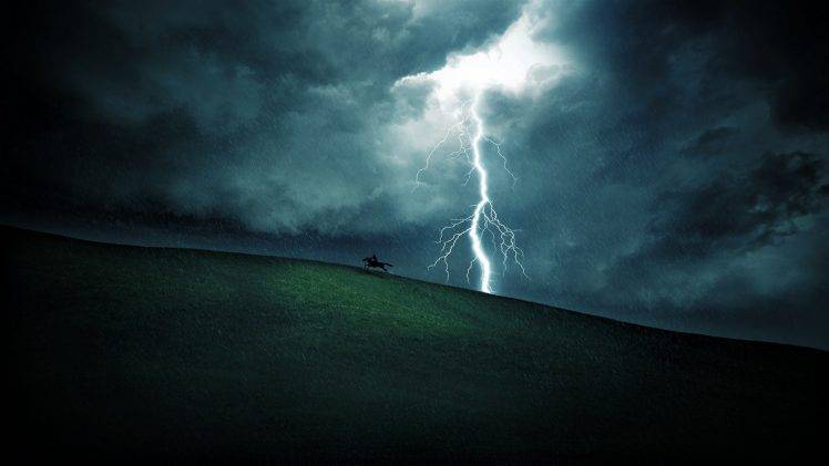 landscape, Night, Lightning, Horseman HD Wallpaper Desktop Background