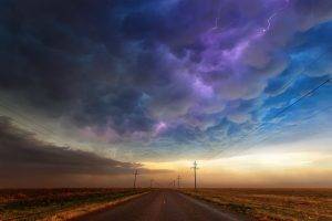 clouds, Road, Power Lines, Lightning, Landscape, Utility Pole
