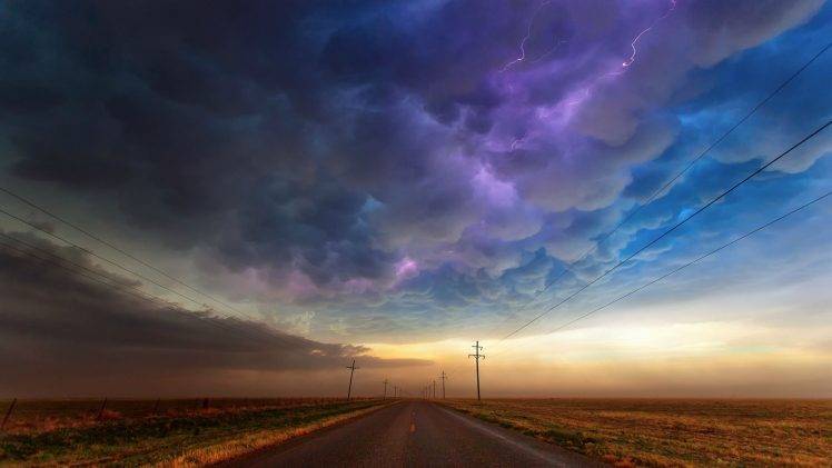 clouds, Road, Power Lines, Lightning, Landscape, Utility Pole HD Wallpaper Desktop Background