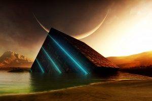 sunset, Abstract, Moon, Science Fiction, Water, Crescent Moon, Cube, Digital Art, Mountain, Glowing
