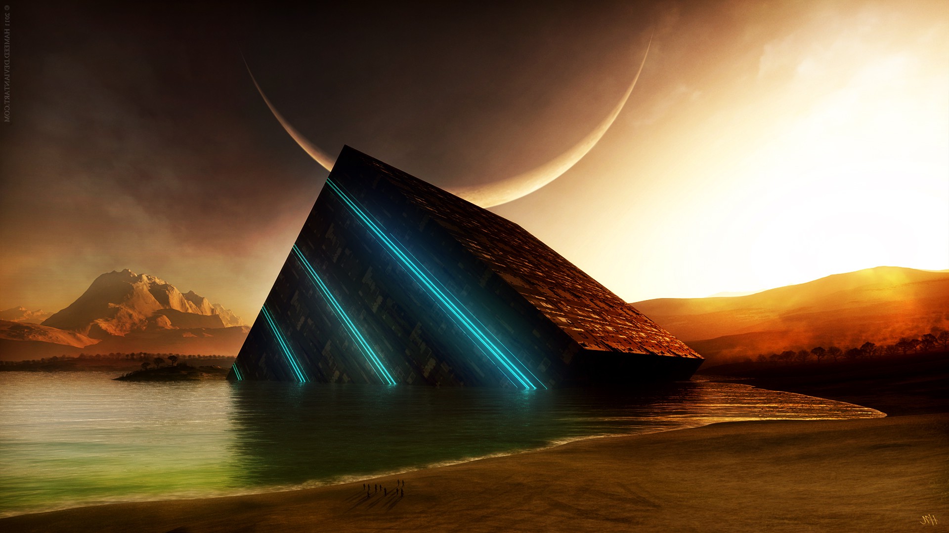 sunset, Abstract, Moon, Science Fiction, Water, Crescent Moon, Cube, Digital Art, Mountain, Glowing Wallpaper
