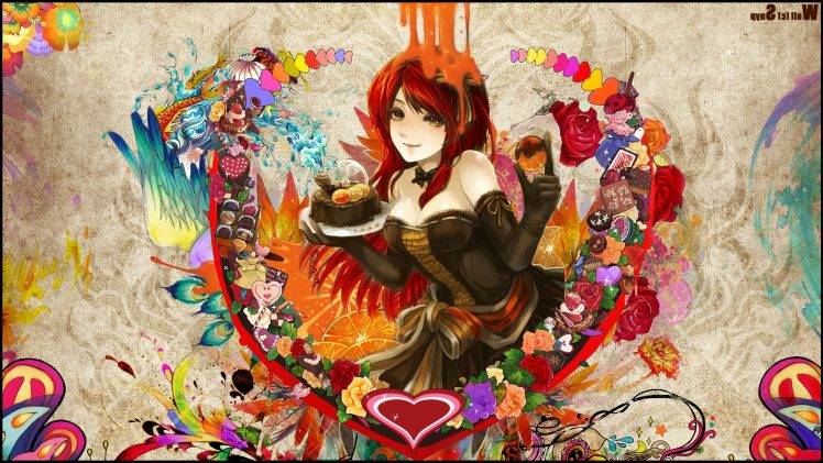 rose, Orange (fruit), Women, Anime, Cakes, Hearts, Colorful, Flowers, Original Characters, Redhead, Anime Girls, Snyp HD Wallpaper Desktop Background