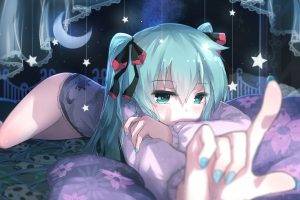 anime Girls, Vocaloid, Hatsune Miku, Stars, Moon, Night