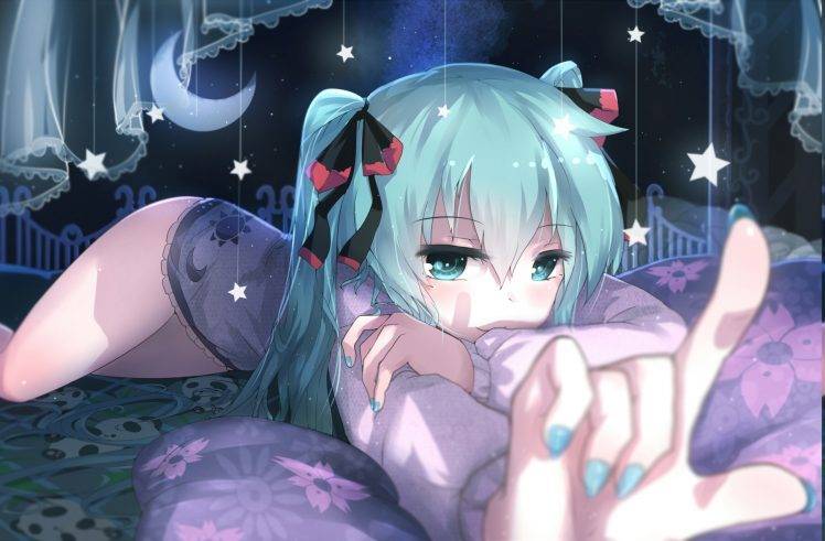 anime Girls, Vocaloid, Hatsune Miku, Stars, Moon, Night HD Wallpaper Desktop Background