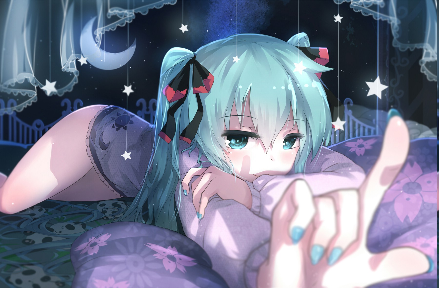 anime Girls, Vocaloid, Hatsune Miku, Stars, Moon, Night Wallpaper