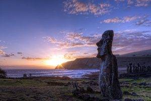 nature, Sunset, Landscape, Statue, Moai, Easter Island