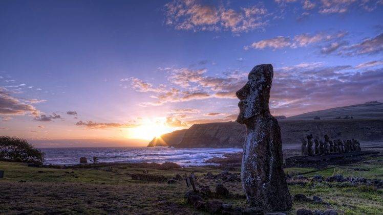 nature, Sunset, Landscape, Statue, Moai, Easter Island HD Wallpaper Desktop Background