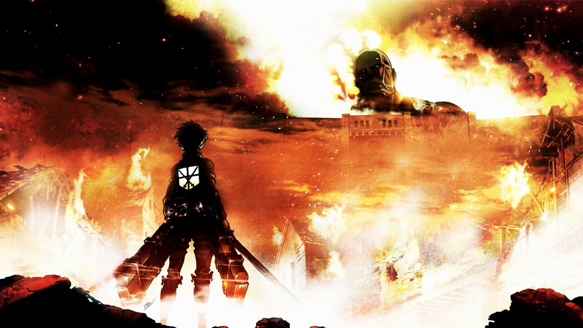 Shingeki No Kyojin, Fire, Anime, Colossal Titan, Eren Jeager Wallpaper