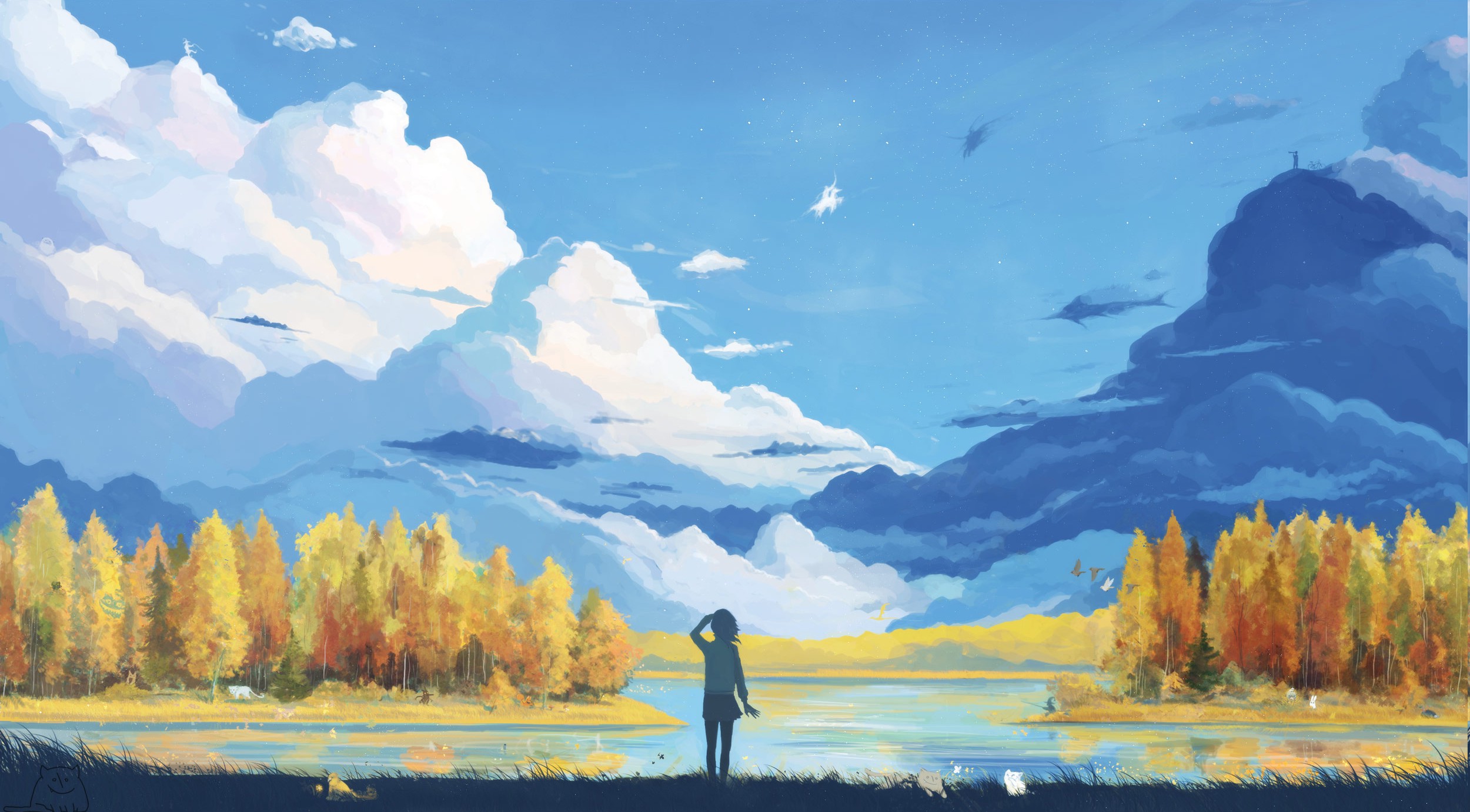 clouds, Mountain, Anime, Forest, Landscape, Artwork, Fantasy Art Wallpaper