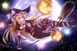 anime, Touhou, Halloween, Kirisame Marisa, Blonde, Pumpkin, Anime Girls, Witch, Stars, Moon, Stockings, Night