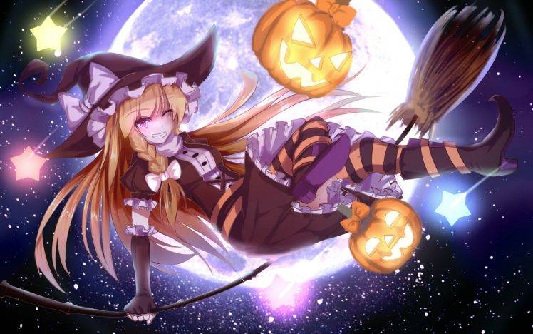 anime, Touhou, Halloween, Kirisame Marisa, Blonde, Pumpkin, Anime Girls, Witch, Stars, Moon, Stockings, Night HD Wallpaper Desktop Background