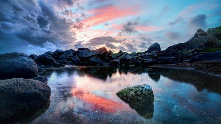 pond, Virgin Islands, Rock, Landscape, Clouds, Sunset, Water, Caribbean HD Wallpaper Desktop Background