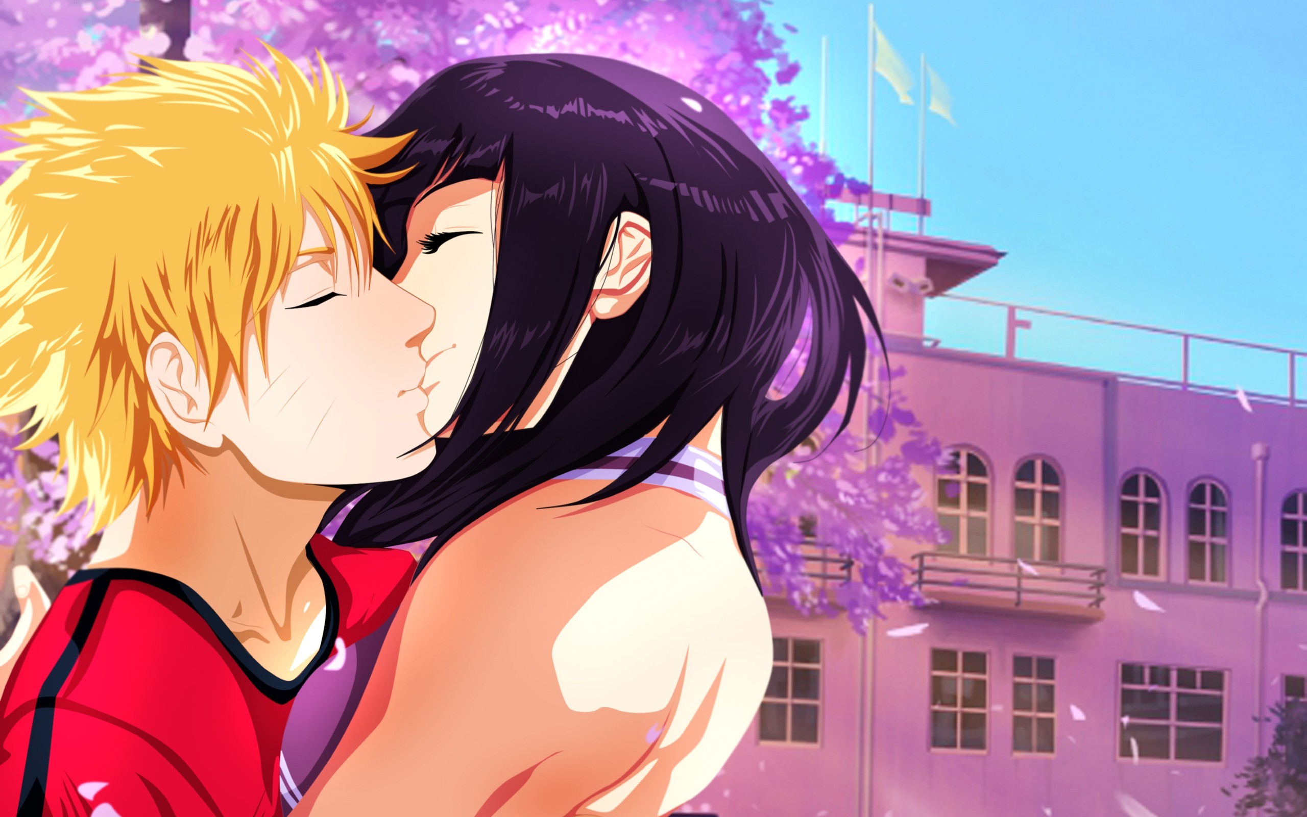 Naruto Shippuuden, Manga, Anime, Uzumaki Naruto, Hyuuga Hinata, Kissing, Cherry Blossom Wallpaper