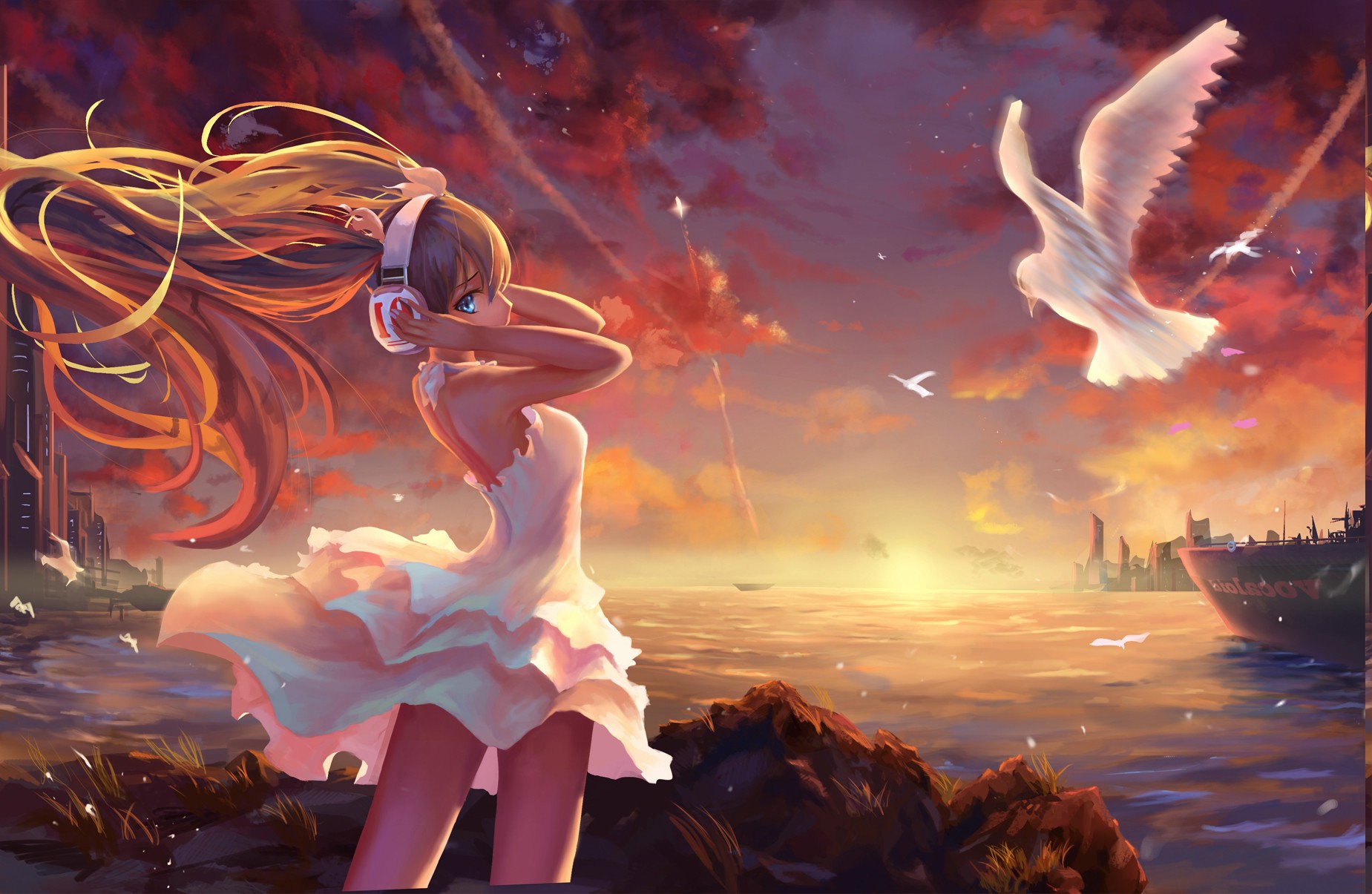 anime Girls, Landscape, Painting, Twintails, Vocaloid, Hatsune Miku, Headphones, Doves, White Dress, Blonde, Anime, Windy, Sea Wallpaper