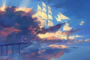 anime, Ship, Clouds, Sunlight, Fantasy Art