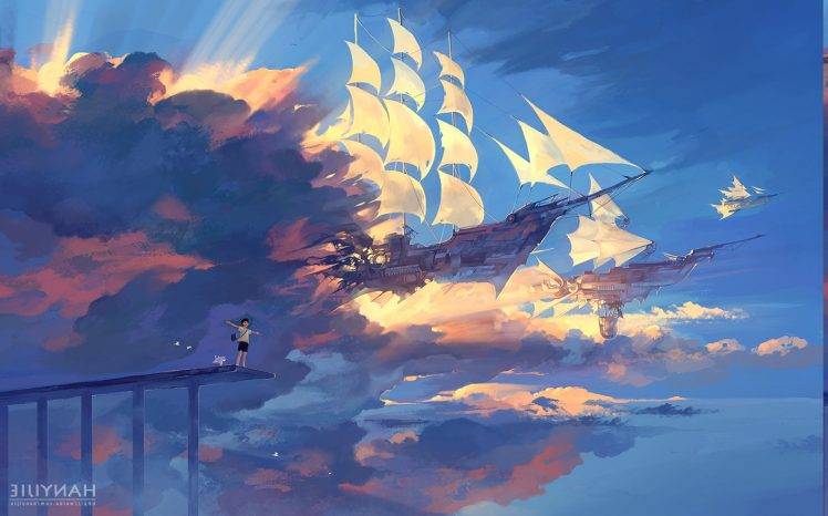 anime, Ship, Clouds, Sunlight, Fantasy Art HD Wallpaper Desktop Background