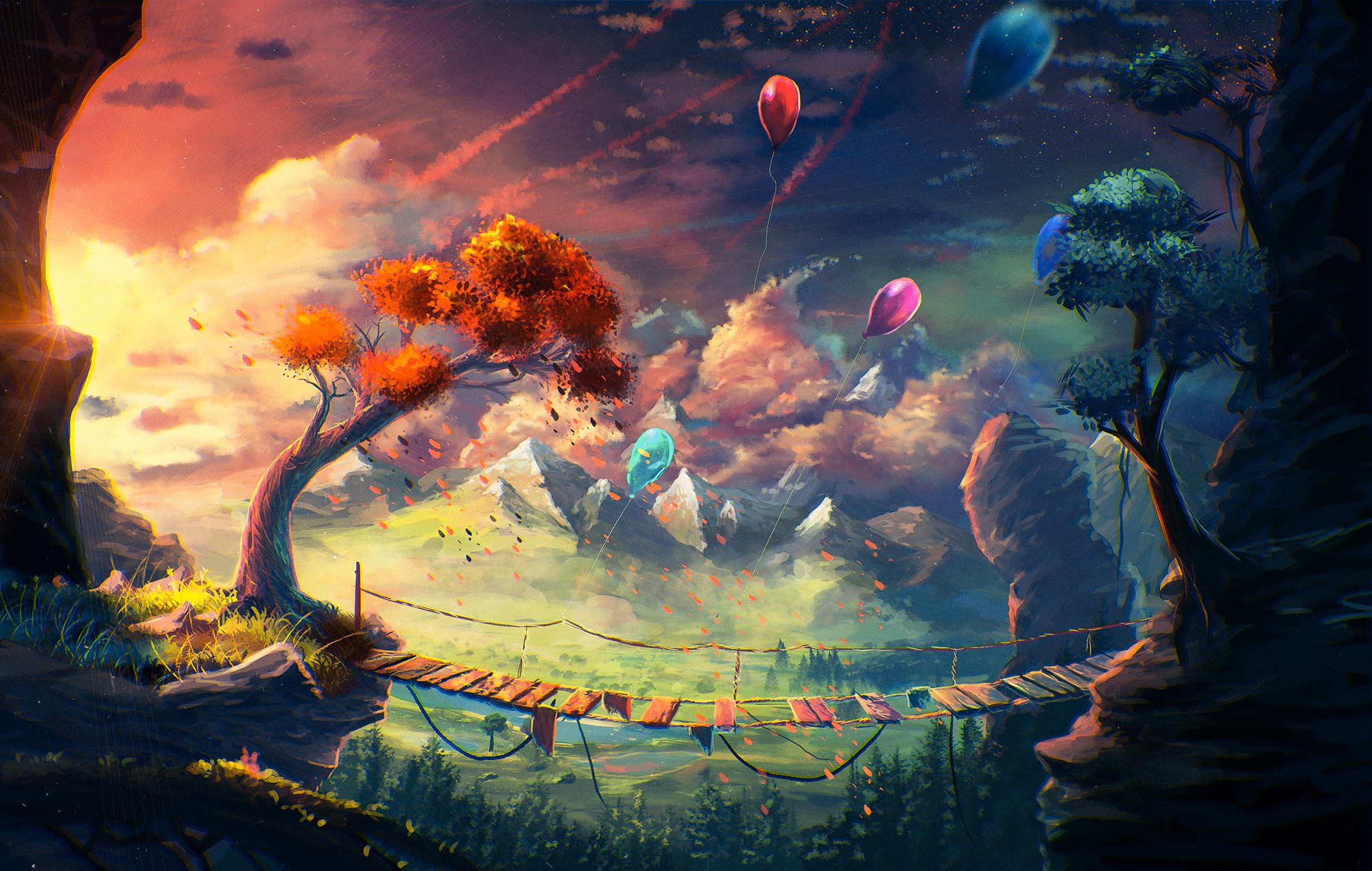 anime, Artwork, Fantasy Art, Mountain, Bridge, Balloons, Sylar, Clouds Wallpaper