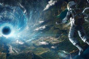 space, Space Station, Artificial Gravity, Fantasy Art, Digital Art, Astronaut, Spacesuit, Landscape, Clouds, Nature, Lake, Forest, Stars, Futuristic, Tunnel, Wormholes