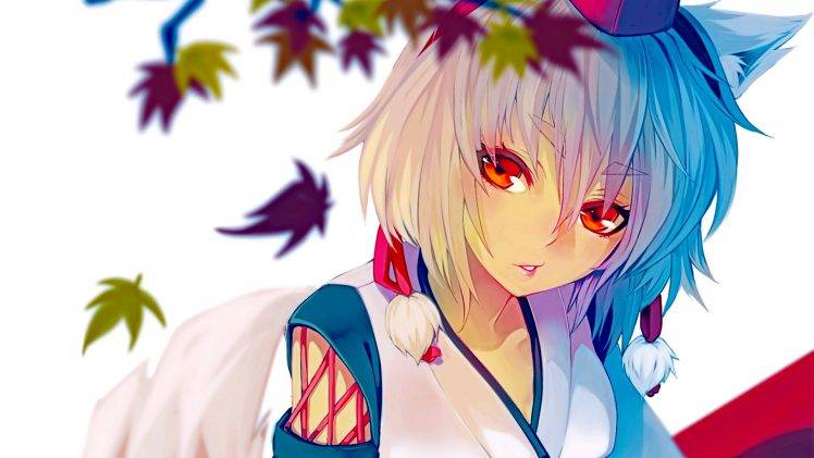 red Eyes, Leaves, Short Hair, Touhou, Nekomimi, Anime Girls, Inubashiri Momiji, Wolf Girls HD Wallpaper Desktop Background