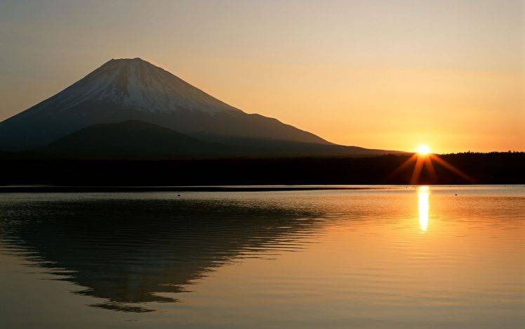 landscape, Flares, Sunlight, Mountain, Reflection, Water, Mount Fuji, Japan HD Wallpaper Desktop Background