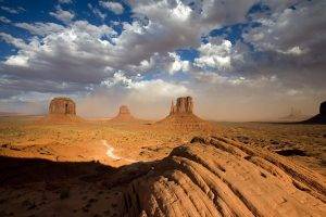 landscape, Rock, Mountain, Desert, Monument Valley, Road, Rock Formation, Clouds