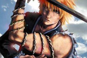 anime, Bleach, Kurosaki Ichigo, Orange Hair, Chains, Sword, Anime Boys