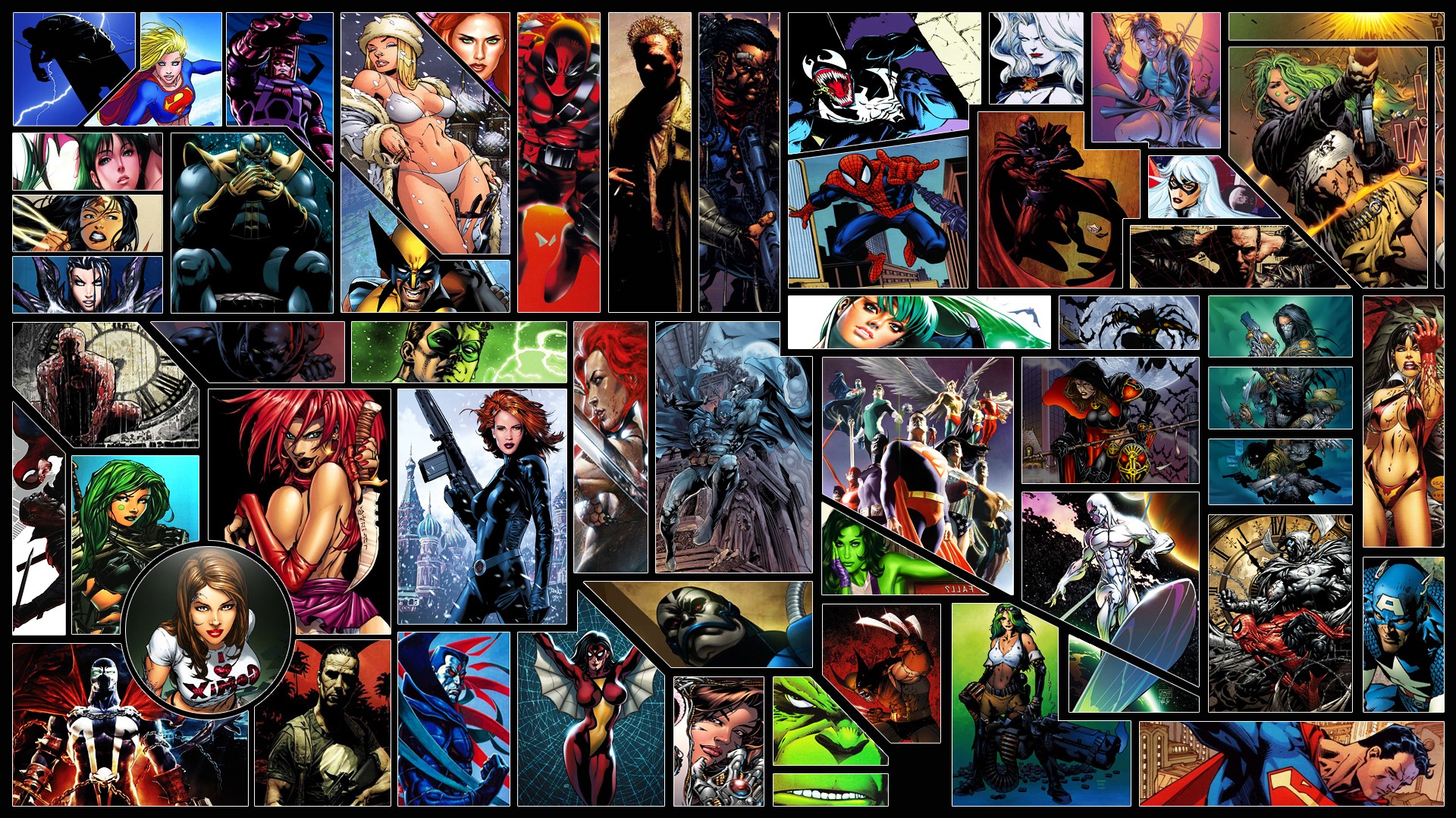 Black Widow, Spider Man, Deadpool, Silver Surfer, Hulk, Superman, Green Lantern, Wolverine, Batman, Captain America, Supergirl, Wonder Woman, DC Comics Wallpaper