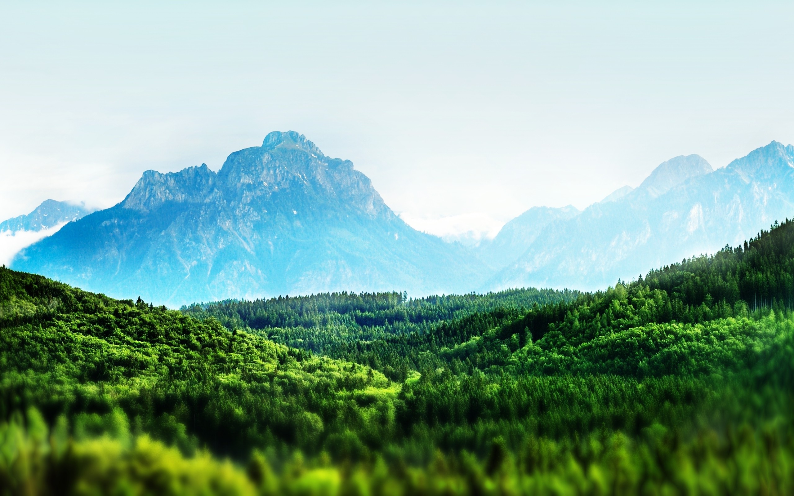 landscape, Nature, Tilt Shift, Mountain, Forest, Clear Sky Wallpaper