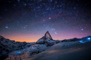 snow, Landscape, Mountain, Night, Stars, Tilt Shift, Matterhorn, Switzerland