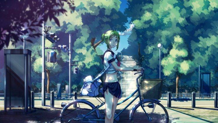 anime, Vocaloid, Megpoid Gumi, School Uniform, Bicycle HD Wallpaper Desktop Background