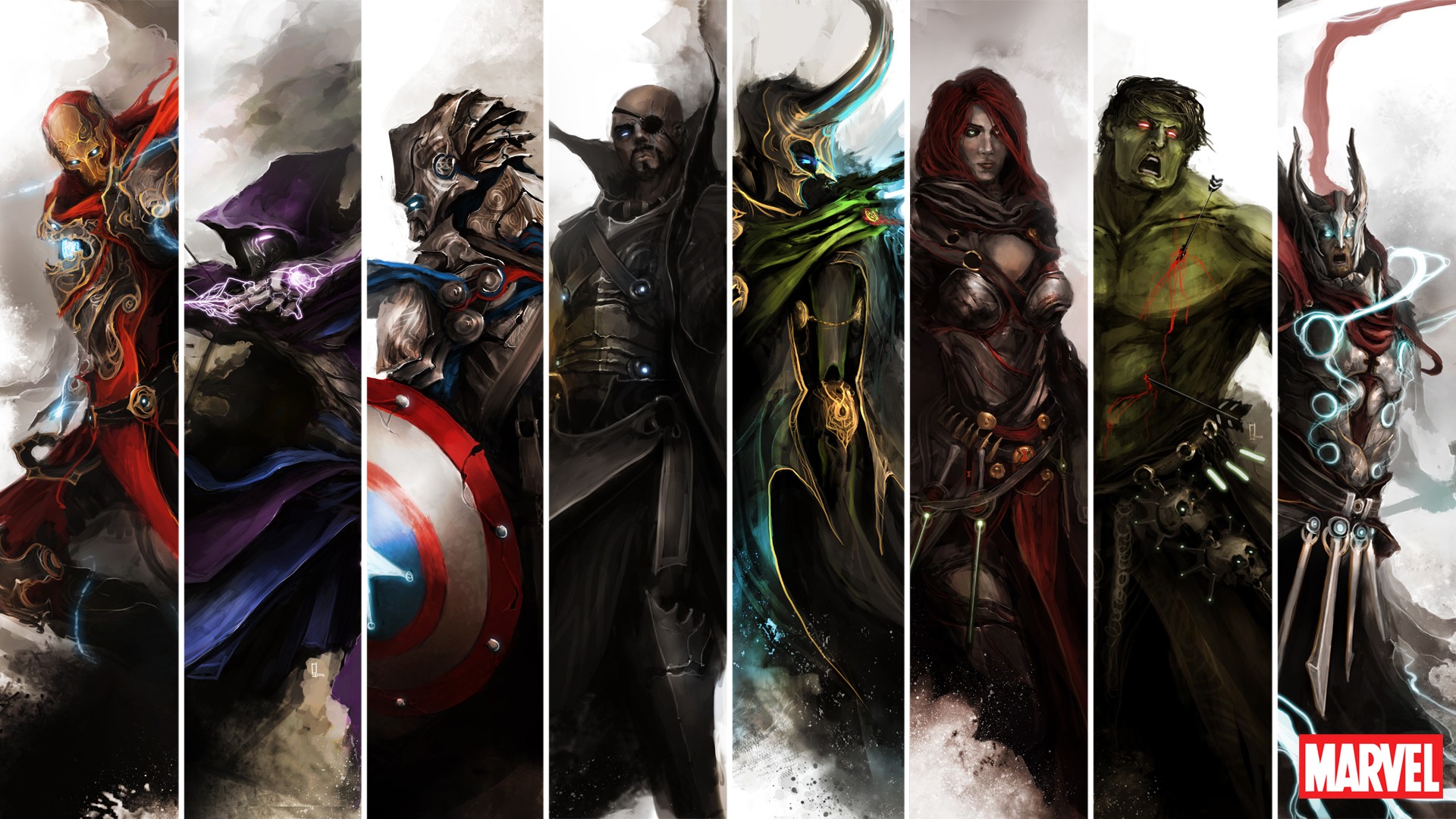 Arrow, Comics, Heroes, Medieval, Artwork, The Avengers, Iron Man, Hawkeye, Nick Fury, Black Widow, Anime, Thor, Loki, Captain America, Hulk, Panels Wallpaper