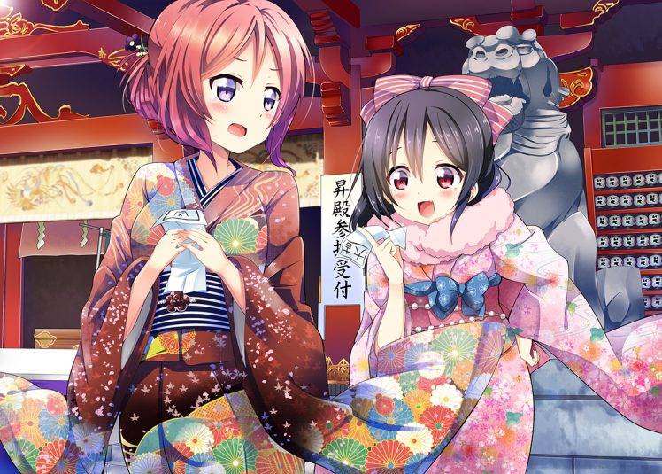 Nishikino Maki, Love Live!, Yazawa Nico, Japanese Clothes, Kimono, Anime, Anime Girls HD Wallpaper Desktop Background