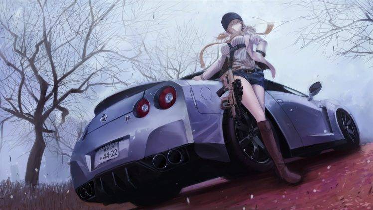 Anime, Anime Girls, Nissan GTR, Machine Gun HD Wallpaper Desktop Background