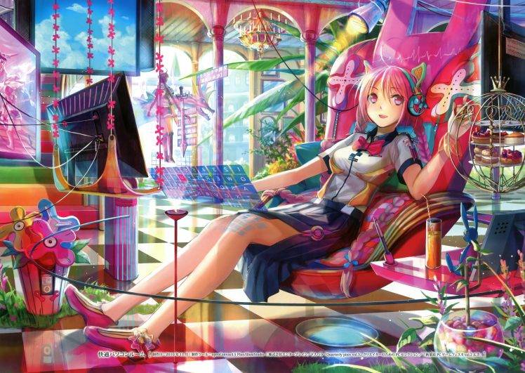 Anime Girls, Nekomimi, Fuji Choko, Original Characters, Headphones, Anime, Food, Pink Hair, Pink Eyes, Interfaces HD Wallpaper Desktop Background