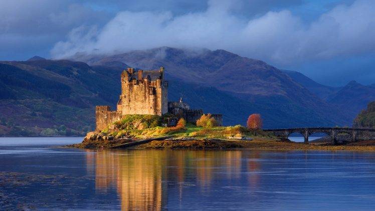 Scotland, UK, Eilean Donan, Castle, Lake, Mountain, Bridge, Landscape HD Wallpaper Desktop Background