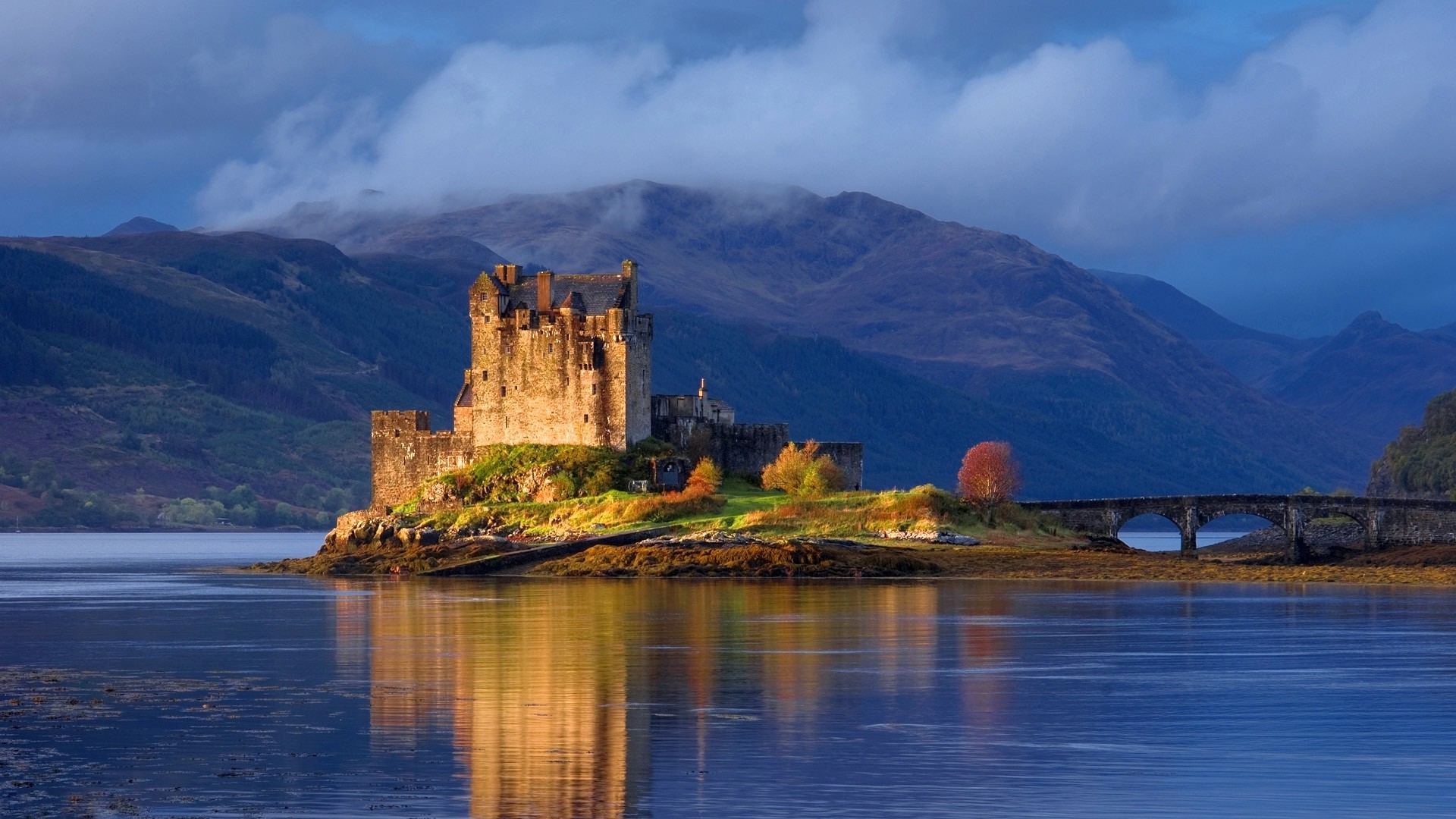 scotland castle landscape donan eilean lake mountain bridge wallpapers scottish desktop nature backgrounds screen resolution