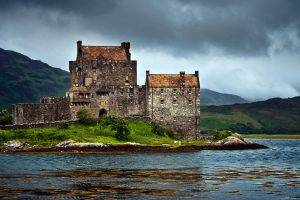 Scotland, Eilean Donan, Castle, Island, UK, Mountain, Lake, Overcast