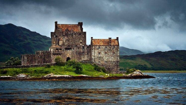 Scotland, Eilean Donan, Castle, Island, UK, Mountain, Lake, Overcast HD Wallpaper Desktop Background