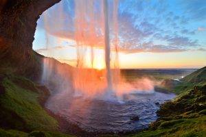 nature, Waterfall, Sunset