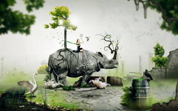 Desktopography, Rhino, Animals, Digital Art HD Wallpaper Desktop Background