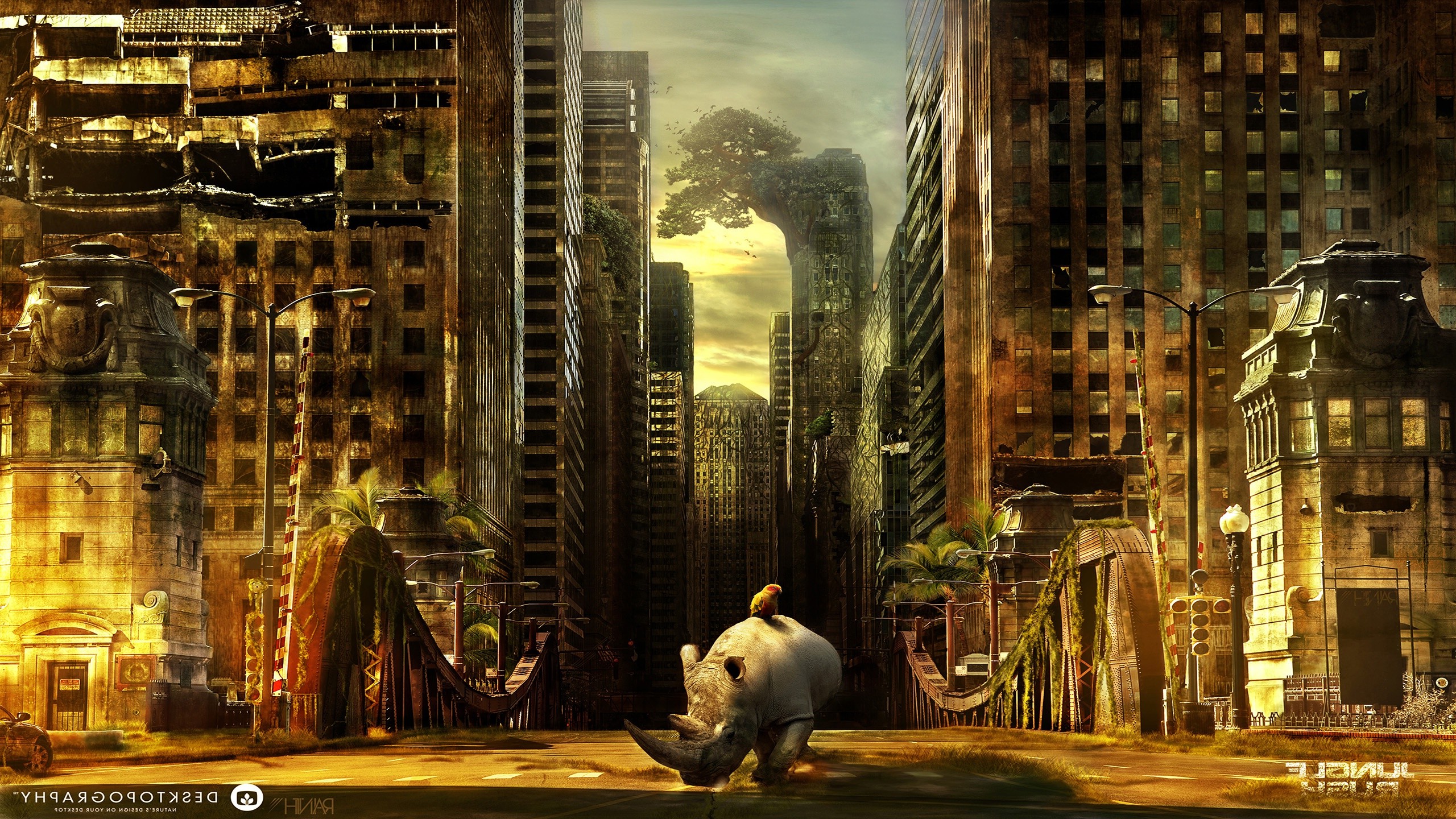 Desktopography, Nature, Animals, Rhino, Cityscape, Ruin, Digital Art Wallpaper