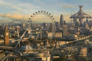theme Parks, London, Ferris Wheel, CGI, Digital Art, Cityscape