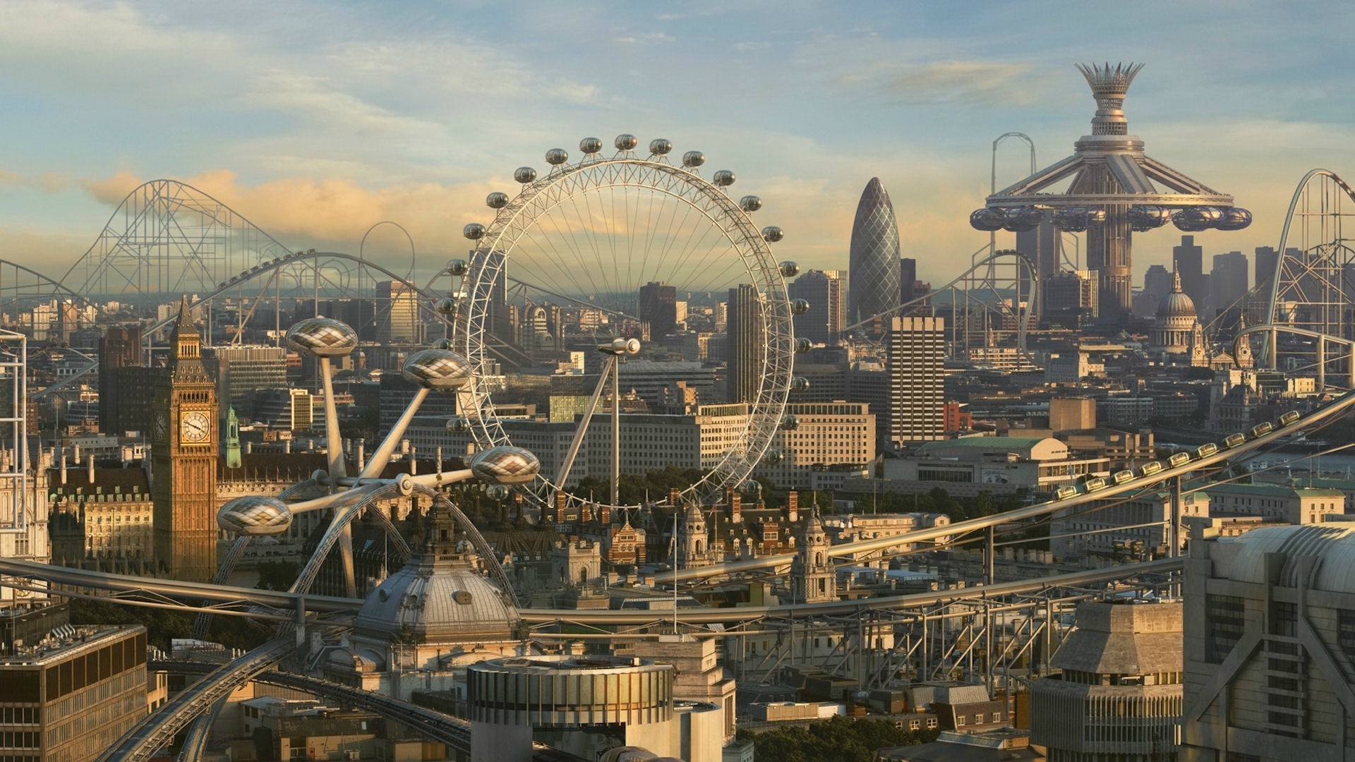 theme Parks, London, Ferris Wheel, CGI, Digital Art, Cityscape Wallpaper