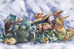 Pokemon, Charizard, Snorlax, Blastoise, Digital Art, Venusaur, Lapras, Pikachu, Snow, Ash Ketchum