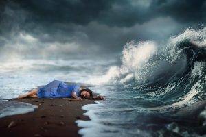 women, Waves, Lying Down, Blue Dress, Dark Hair, Digital Art