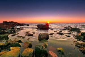nature, Sunset, Sea, Rock