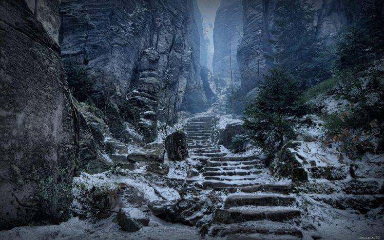 snow, Stairs, The Elder Scrolls V: Skyrim HD Wallpaper Desktop Background